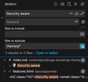 VS Code&rsquo;s search and replace in files allows you to exclude entire subtrees easily.