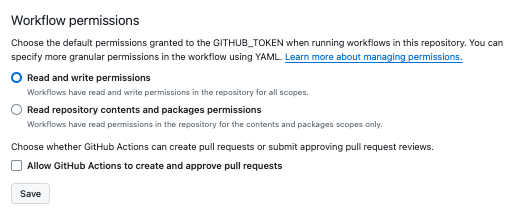 Screenshot of GitHub repository settings, highlighting the section where users configure GitHub Actions permissions. The image focuses on enabling read and write access for workflows, which is necessary for automated deployments.