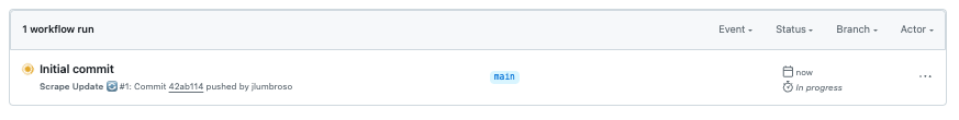 Screenshot showing the first Action triggered executed in the &ldquo;Actions&rdquo; tabs of the repository. The indicator is orange, which signals the workflow is currently running.