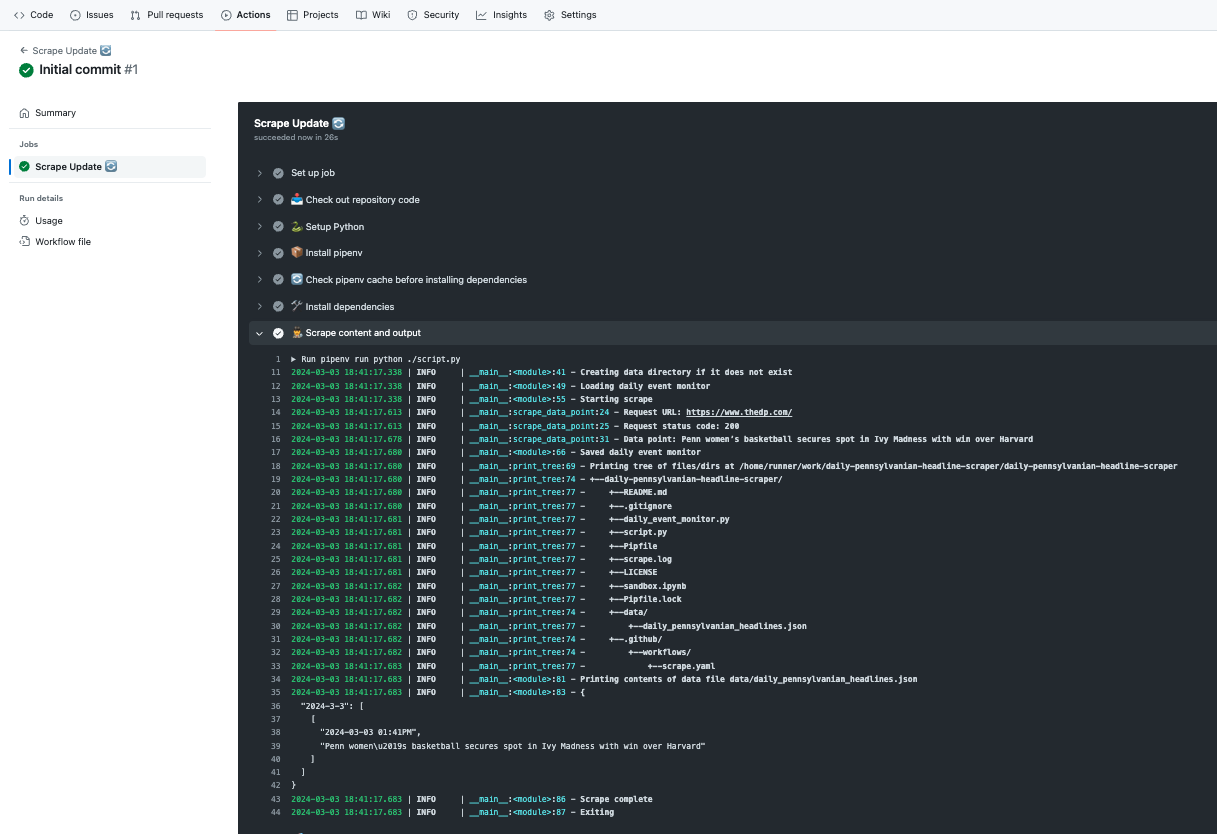 Screenshot of the log output from a GitScraper action. The image shows real-time logs generated during the scraping process, detailing fetch operations, commit messages, and any errors encountered.