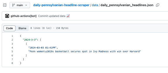 Screenshot of a data file generated by GitScraper after running a scraping workflow. The image shows structured data output stored in the repository, demonstrating how information is collected and committed automatically.