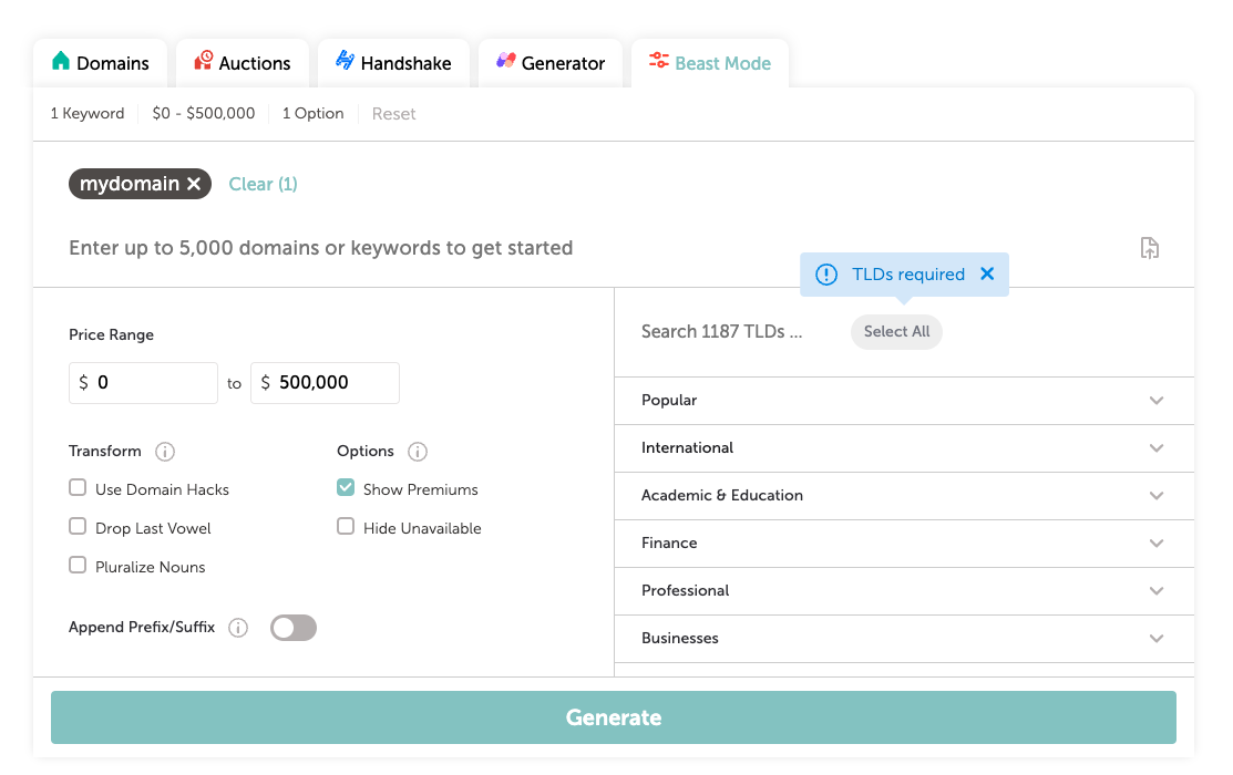 Screenshot of Namecheap&rsquo;s “Beast Mode” domain search tool. The image showcases an interface that allows bulk domain searches with advanced filtering options, helping users quickly find and register available domain names.