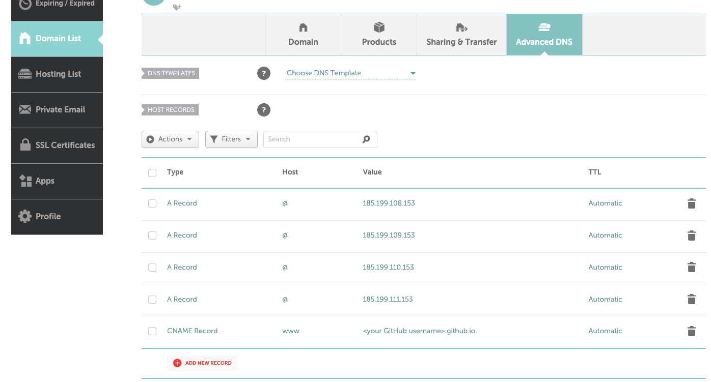 Screenshot of Namecheap&rsquo;s DNS management panel, displaying custom DNS records configured for a domain. The image includes fields for A records, CNAME records, and name server settings, illustrating how to connect a domain to external services like GitHub Pages.