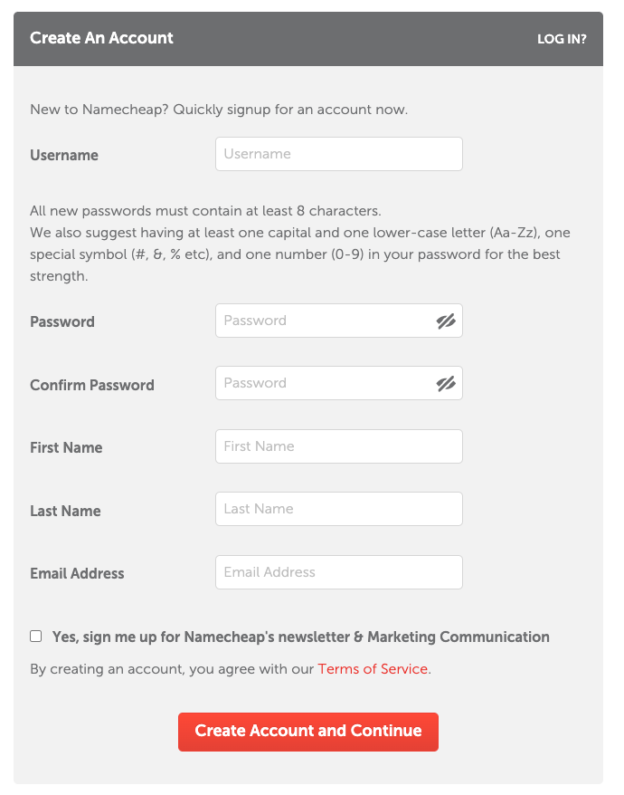 Screenshot of the Namecheap account registration page. The image displays input fields for creating a new account, including email, password, and other user details required to purchase and manage domain names.