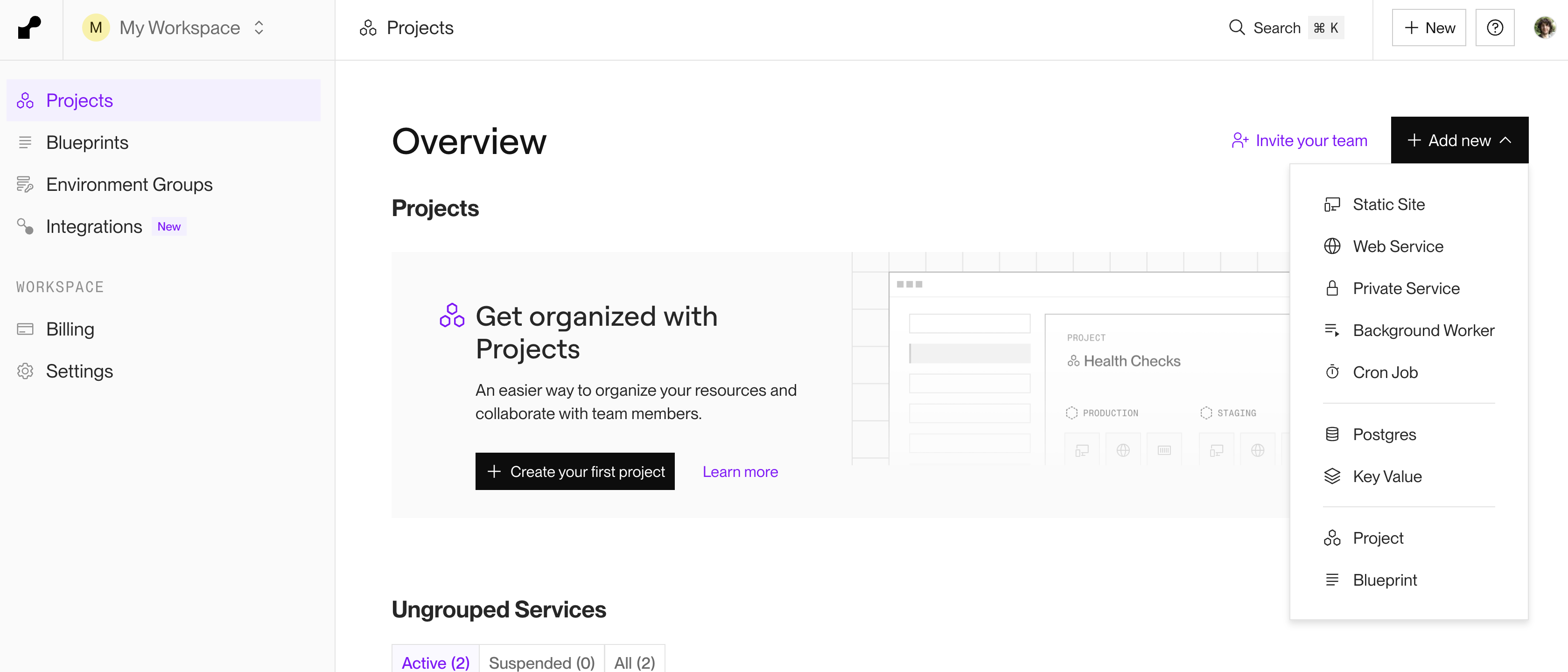 Render's dashboard, with the + Add new menu opened and the Blueprint selected.